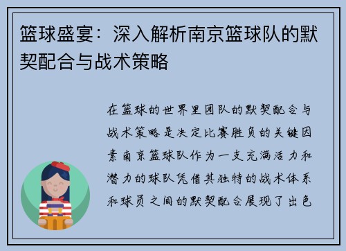 篮球盛宴：深入解析南京篮球队的默契配合与战术策略