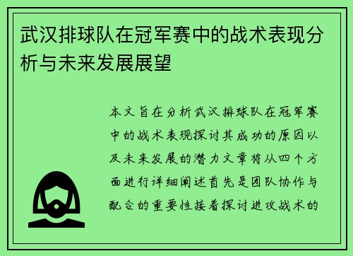 武汉排球队在冠军赛中的战术表现分析与未来发展展望